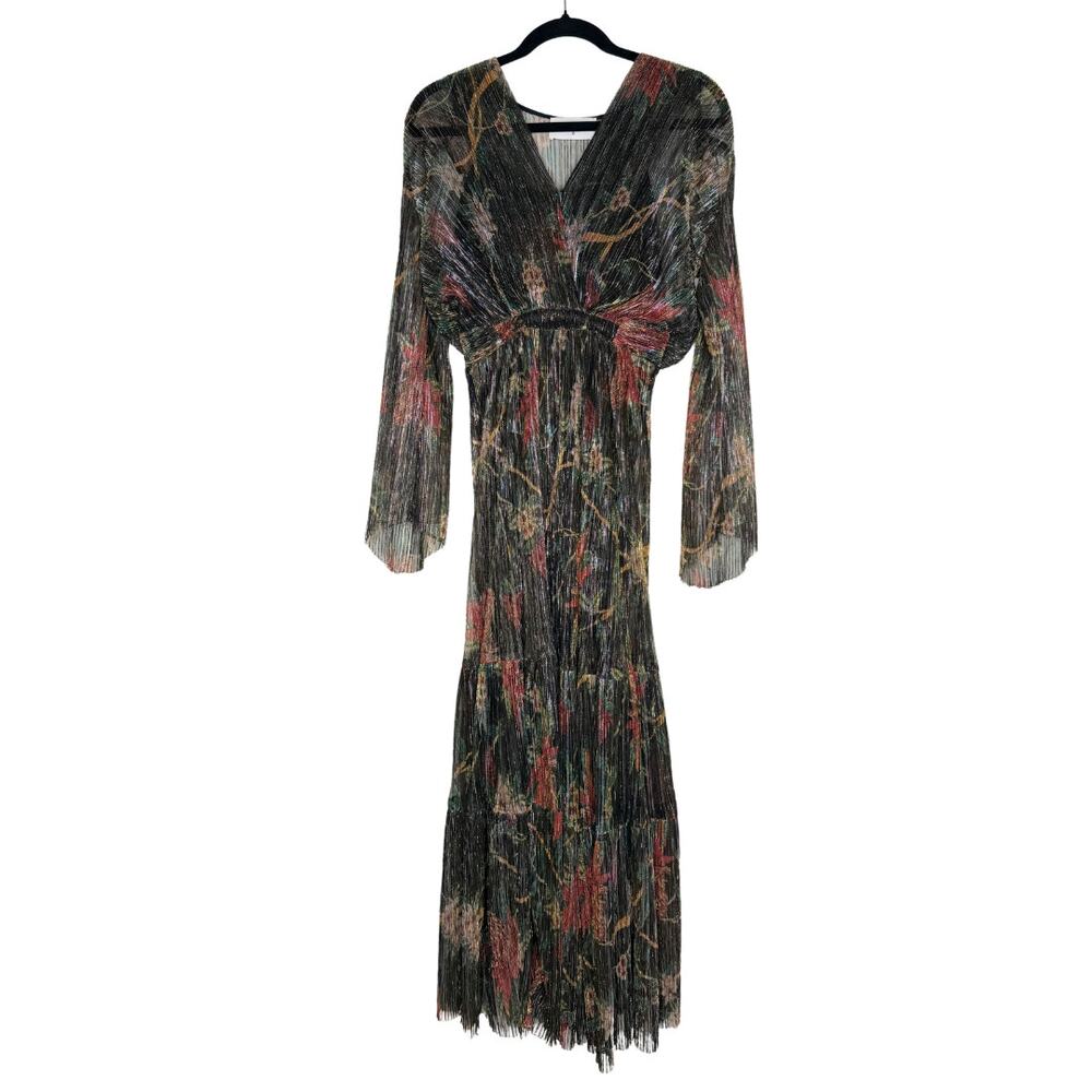 ba&sh Hendrix Floral Metallic Plissé Knit Long Sleeve Maxi Dress Size 0 XS Black - Picture 3 of 15